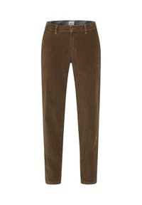 Pantaloni in corduroy marroni con taglio dritto, caratterizzati da un motivo a coste testurizzato e design a cinque tasche standard.