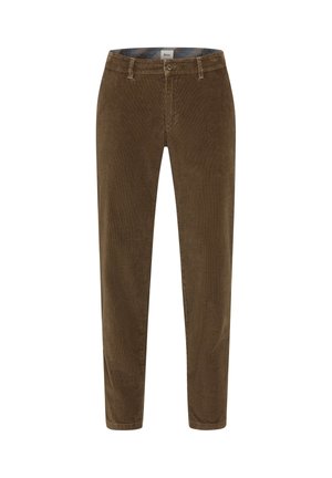 Bruine corduroy broek met een rechte pasvorm, voorzien van een gestructureerd ribbelpatroon en een standaard vijf-pocketontwerp.