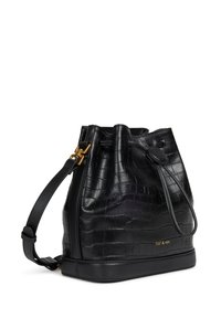 Black leather bucket bag with crocodile texture, adjustable strap, drawstring closure, and gold hardware accents. Brand logo visible.