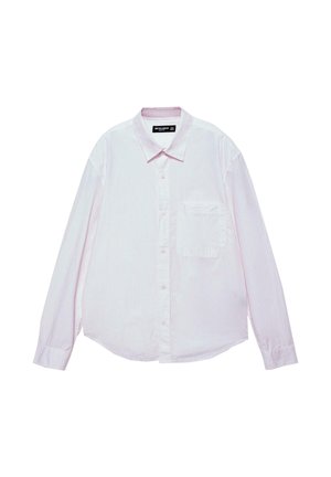 Lichtroze overhemd met lange mouwen, subtiele verticale strepen, spitse kraag, borstzak en manchetten met één knoop.