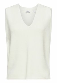 Gilet sans manches en tricot blanc en V avec une coupe légèrement ample et étiquette de marque Esprit à l'intérieur du col.