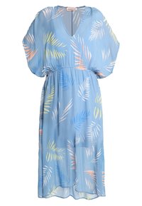Vestido midi azul claro con escote en V, cintura elástica, mangas cortas abullonadas y estampados de hojas tropicales en tonos pastel.