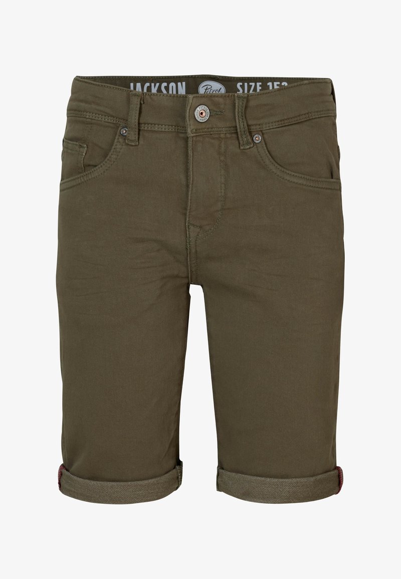 Pantaloni corti verde oliva fino al ginocchio con risvolti, chiusura frontale con bottone e zip, e tasche anteriori. Etichetta della taglia visibile all'interno della vita.