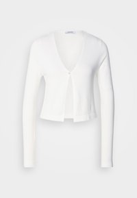 White cropped cardigan with long sleeves, v-neck, and a single button closure at the front. Soft texture and lightweight fabric.