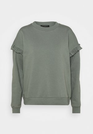 Sweat-shirt vert clair avec encolure ronde, coupe décontractée et détails à volants sur les manches. Confectionné en tissu doux et texturé.
