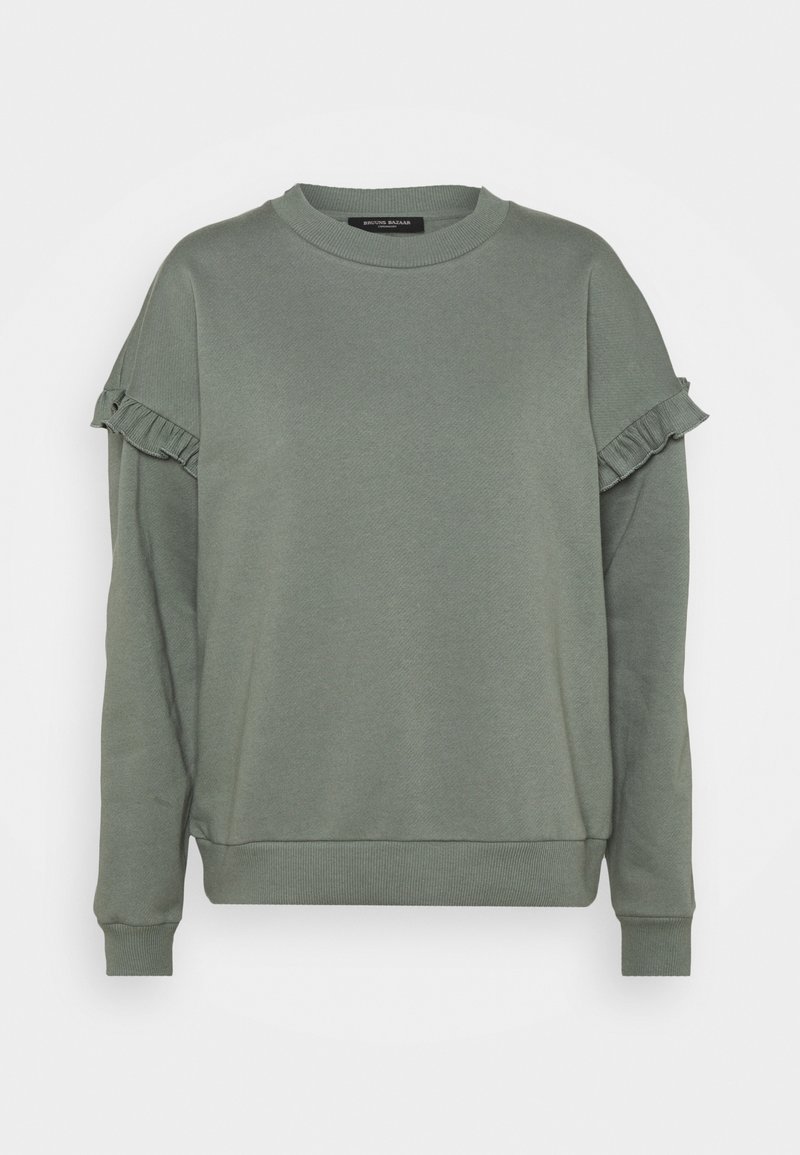 Sweat-shirt vert clair avec encolure ronde, coupe décontractée et détails à volants sur les manches. Confectionné en tissu doux et texturé.