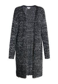 Schwarze und graue flauschige Strickjacke mit langen Ärmeln, offenem Vorderteil und einem strukturierten Strickmuster. Mittellanger Schnitt ohne Verschlüsse oder Knöpfe.
