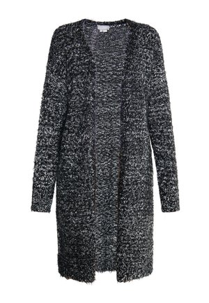 Zwarte en grijze pluizige cardigan met lange mouwen, open voorkant en een gestructureerd breipatroon. Middellange lengte zonder sluitingen of knopen.