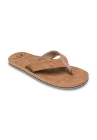 Brun flip-flop sandal med en texturerad mockafotbädd, tygremmar och en vadderad sula, med en subtil logotyp på fotbädden.