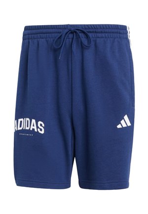 Marineblauwe sportshorts van een katoenmix met een elastische tailleband, trekkingkoord en het witte Adidas-logo op de voorkant gedrukt.