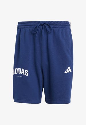 Marineblauwe sportshorts van een katoenmix met een elastische tailleband, trekkingkoord en het witte Adidas-logo op de voorkant gedrukt.