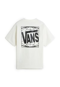 Camiseta de algodón blanco con un gran logo gráfico negro "VANS" dentro de un cuadrado en la parte posterior, con mangas cortas y un escote redondo.