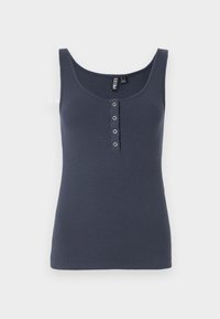 Ärmlös mörkgrå ribbad tanktopp med rundad halsringning och fyra små silverknappar framtill.