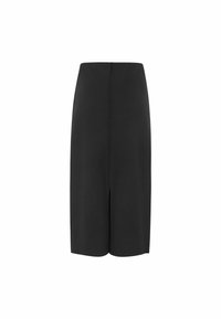 Zwarte kokerrok van gladde stof, met een knielange lengte, een split aan de achterkant en een schone, minimalistische uitstraling.