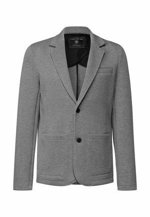 Blazer gris para hombres con solapa de muesca, dos botones frontales, dos bolsillos de parche inferiores y un bolsillo de pecho de ojal, diseñado para uso formal o casual.