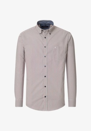 Langarm-Hemd mit weißem Grund, navy- und rot gepunktetem Muster, dunklen Knöpfen und einem kontrastierenden Kragen. Mit Brusttasche.