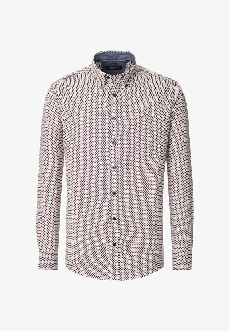 Long-sleeve button-up shirt with a white base, navy and red dotted pattern, dark buttons, and a contrasting collar. Features a chest pocket.