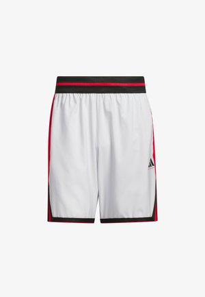 Shorts de sport blancs avec une ceinture rayée noire et rouge, bordure noire, et logo Adidas. Tissu léger avec une texture lisse.