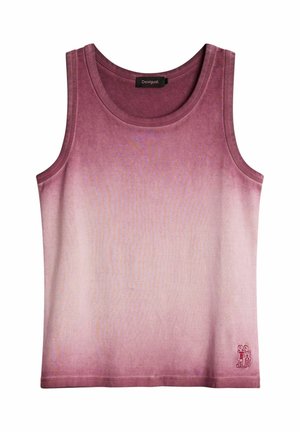 Maiou fără mâneci cu decolteu rotund în nuanțe de roz gradient, de la roz închis la umeri la roz deschis la tiv, cu un mic logo roșu în partea de jos dreapta.