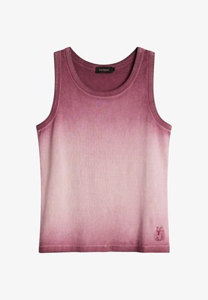 Rankovių marškinėliai be rankovių su apvalia iškirpte, rožinės spalvos gradientu, pereinančiu nuo tamsios pečių srityje iki šviesios apačioje, su mažuoju raudonu logotipu netoli apatinio dešinio krašto.