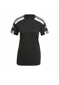 Schwarzes Sport-T-Shirt mit weißen Streifen auf den Schultern, kurzen Ärmeln und rundem Ausschnitt. Verfügt über ein Logo auf einem Ärmel und hat eine glatte Textur.