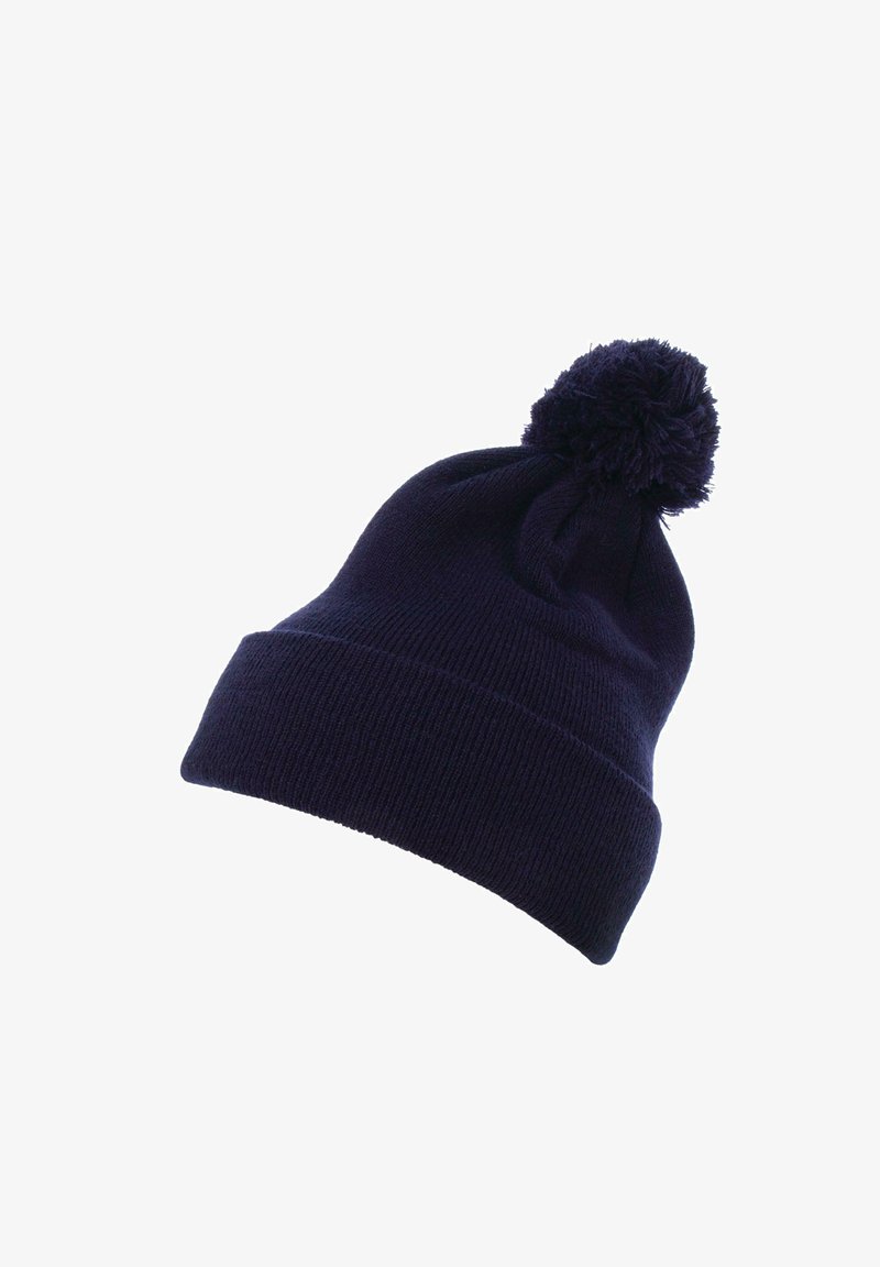 Navy blue knit beanie with a soft texture, featuring a pom-pom on top and a folded cuff at the base for a snug fit.