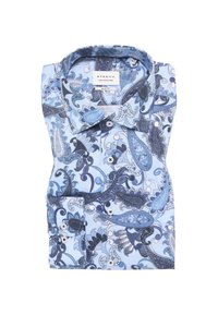 Camicia azzurro chiaro con motivo paisley in blu scuro e nero, con vestibilità slim, colletto button-down e polsini abbottonati.