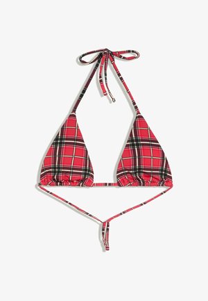 Haut de bikini triangle à carreaux rouges et noirs avec liens ajustables au cou et dans le dos sur fond blanc.