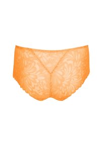 Oranje kanten hipster onderbroek met bloemenpatronen, golvende randen, zachte textuur en een middenhoog ontwerp.