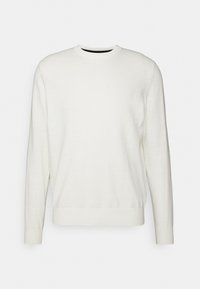 Maglione bianco in maglia con maniche lunghe, scollatura rotonda, polsini e orlo a coste. Tessuto morbido e materiale leggero, design minimalista.