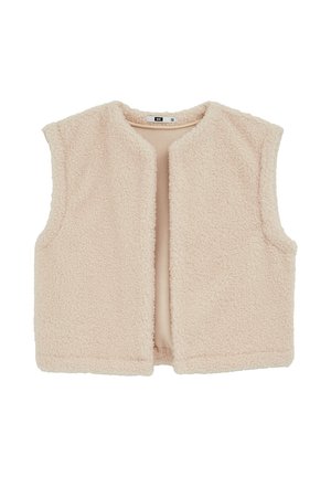 Fleece-Weste in Hellrosa, ärmelloses Design mit einer weichen, strukturierten Oberfläche, rundem Ausschnitt und offenem Vorderteil, ohne Verschlüsse oder Verzierungen.
