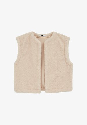 Fleece vesta v světle růžové barvě, bez rukávů, s měkkým strukturovaným povrchem, kulatým výstřihem a otevřeným předním dílem, bez zapínání či ozdob.
