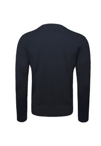 Tummansininen neulepaita, jossa on klassinen pyöreä kaulus, pitkät hihat ja sileä pinta. Yksinkertainen muotoilu, ei näkyviä kuvioita tai yksityiskohtia.