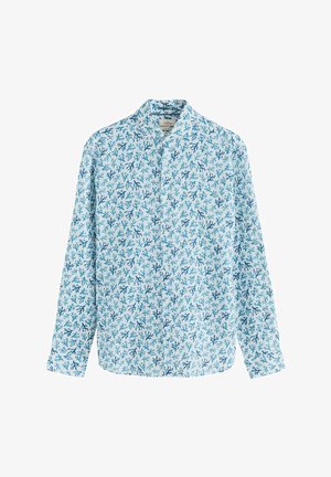 Overhemd met lange mouwen, lichtblauwe achtergrond en een koraalachtig patroon in donkerblauw. Het materiaal lijkt zacht en heeft een button-down kraag.