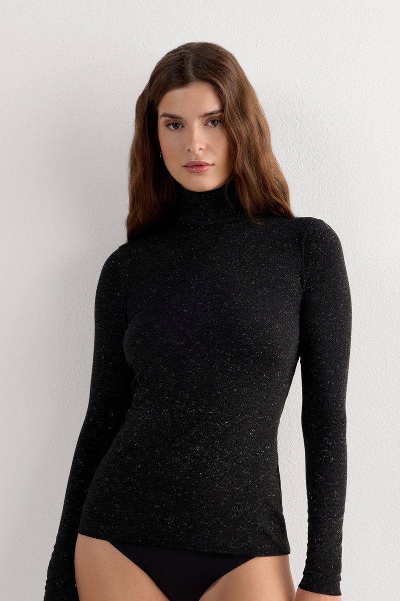 Black turtleneck shirt with long sleeves, made from a textured material featuring subtle specks. Close-fitting design, seamless construction.