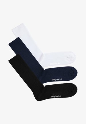 Trois paires de chaussettes côtelées en noir, bleu marine et blanc, arborant le logo DillySocks en blanc sur le pied de chaque chaussette.