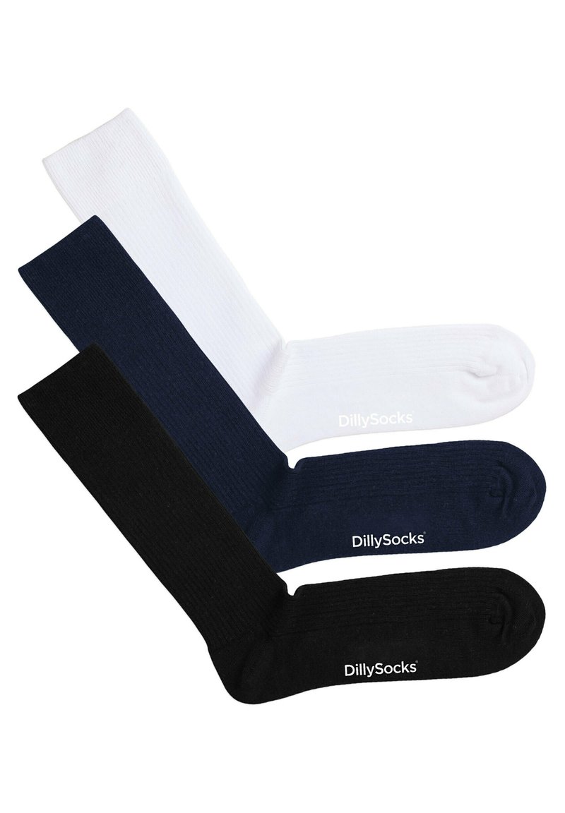 Tre par ribbade strumpor i svart, marinblått och vitt, med DillySocks-logotypen i vitt på foten av varje strumpa.