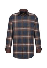 Langärmliges kariertes Hemd für Herren in Blau, Braun, Grün und Weiß. Baumwollstoff mit Button-Down-Kragen und einer Brusttasche.