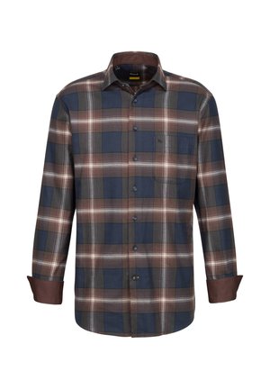 Langärmliges kariertes Hemd für Herren in Blau, Braun, Grün und Weiß. Baumwollstoff mit Button-Down-Kragen und einer Brusttasche.