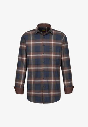 Camicia a maniche lunghe a quadri da uomo in blu, marrone, verde e bianco. Tessuto di cotone con colletto button-down e taschino sul petto.