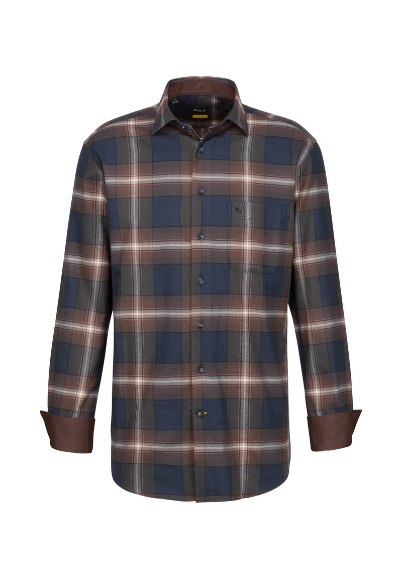 Langärmliges kariertes Hemd für Herren in Blau, Braun, Grün und Weiß. Baumwollstoff mit Button-Down-Kragen und einer Brusttasche.
