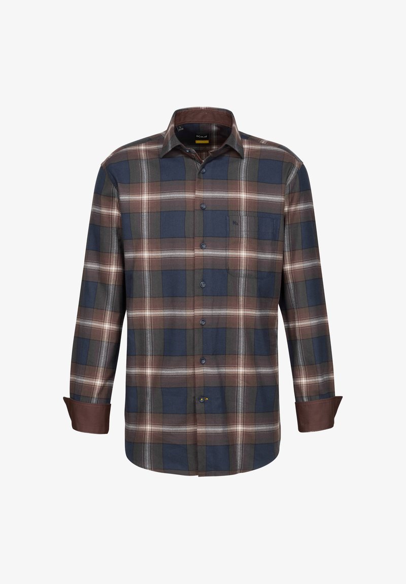 Camicia a maniche lunghe a quadri da uomo in blu, marrone, verde e bianco. Tessuto di cotone con colletto button-down e taschino sul petto.