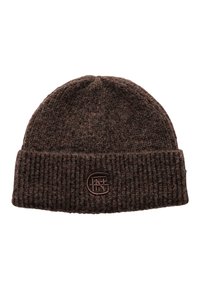 Brązowa dziana czapka beanie z prążkowanym mankietem, wykonana z teksturowanej tkaniny, z delikatnym haftowanym logo z przodu.