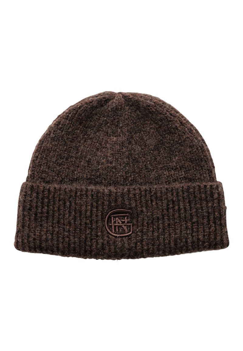 Brązowa dziana czapka beanie z prążkowanym mankietem, wykonana z teksturowanej tkaniny, z delikatnym haftowanym logo z przodu.