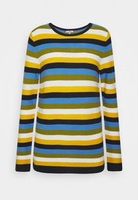 Sweter z długimi rękawami w paski, w kolorach żółtym, niebieskim, czarnym, zielonym i białym, z poziomymi paskami; faktura ribbed; dekolt okrągły.