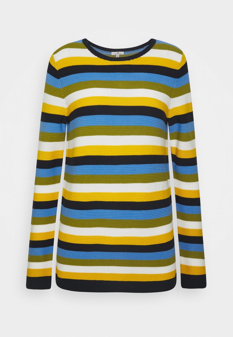 Sweter z długimi rękawami w paski, w kolorach żółtym, niebieskim, czarnym, zielonym i białym, z poziomymi paskami; faktura ribbed; dekolt okrągły.