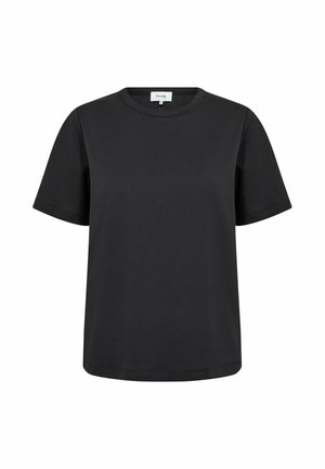 Čierne tričko s krátkym rukávom a okrúhlym výstrihom, so strihom na rovnom okraji, zobrazené na bielom pozadí.
