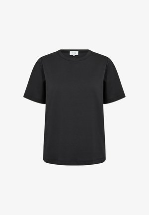 Black short-sleeve crew neck T-shirt with a straight hem, displayed against a white background.