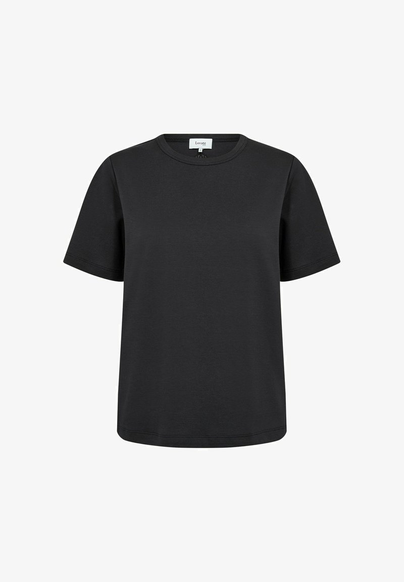 T-shirt noir à manches courtes avec col rond et ourlet droit, présenté sur fond blanc.