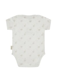 White short-sleeve baby bodysuit with small beige floral print and a fabric tag on the left side seam.